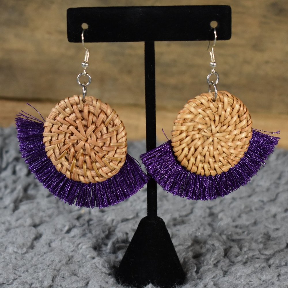 Boho Purple and Wicker Woven Earrings